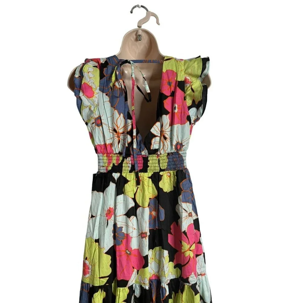ModCloth Honolulu floral black ruffle cap sleeve tiered maxi dress Size XS  NEW - Picture 6 of 14